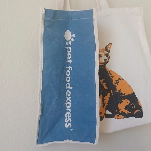 3/$25 Pet Food Express Canvas Tote Bag Cat & Dog Image, Off White Blue Orange - Picture 7 of 14